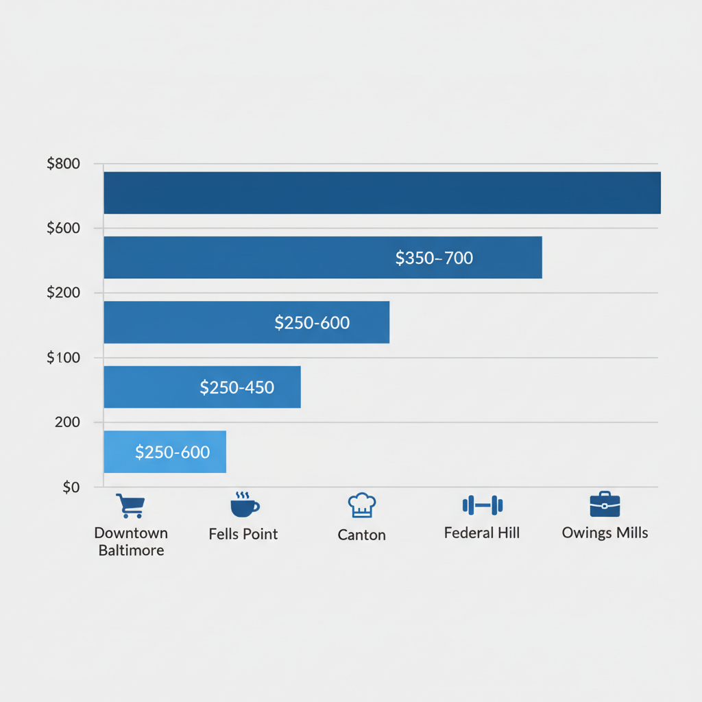 Horizontal bar chart displaying monthly bookkeeping cost ranges in Baltimore neighborhoods including Downtown, Fells Point, Canton, Federal Hill, and Owings Mills.