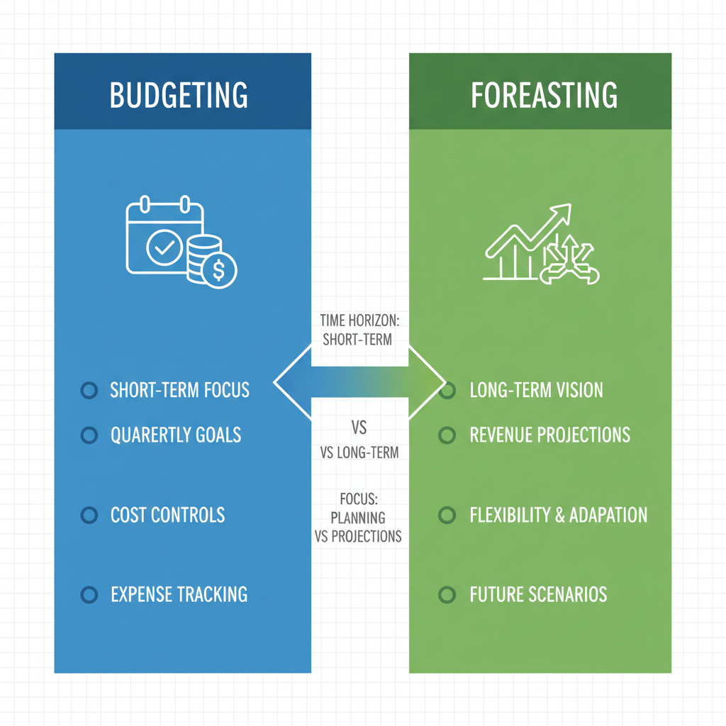 Infographic visually comparing budgeting and forecasting concepts for small business financial management