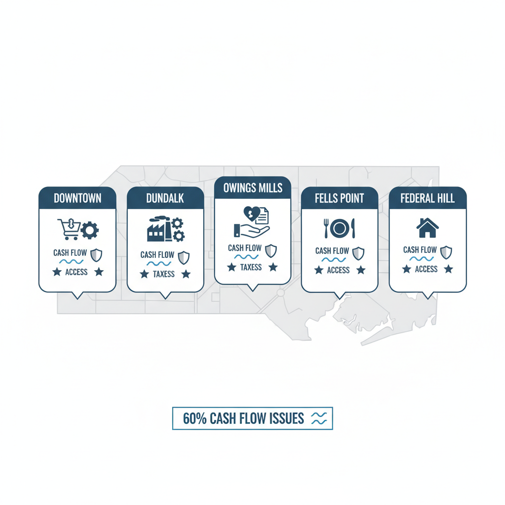 Infographic map of Baltimore neighborhoods highlighting small business challenges in cash flow and taxes for bookkeeping services