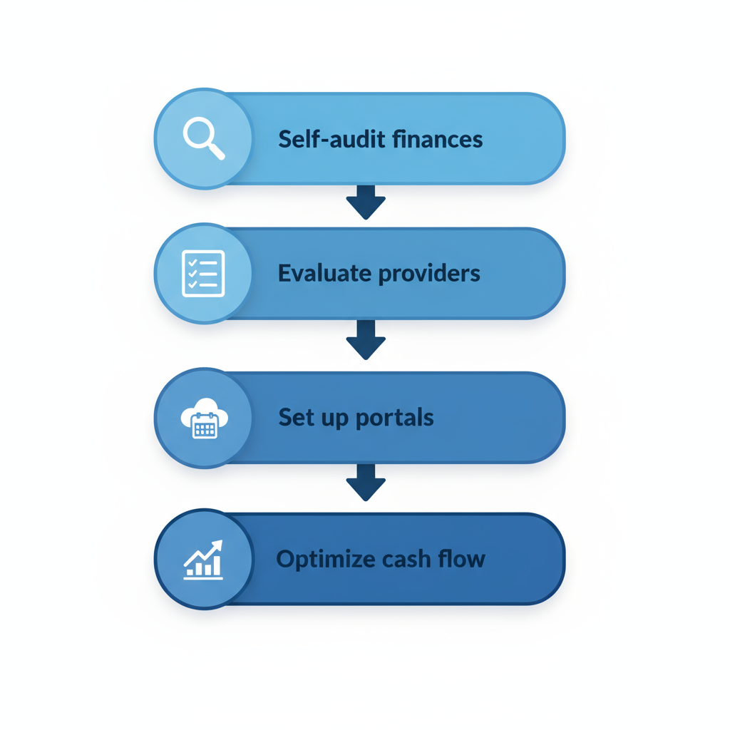 Vertical process flow diagram illustrating five steps to achieve financial clarity for small businesses in Baltimore: self-audit, provider evaluation, cloud setup, monthly reporting, and cash flow optimization.