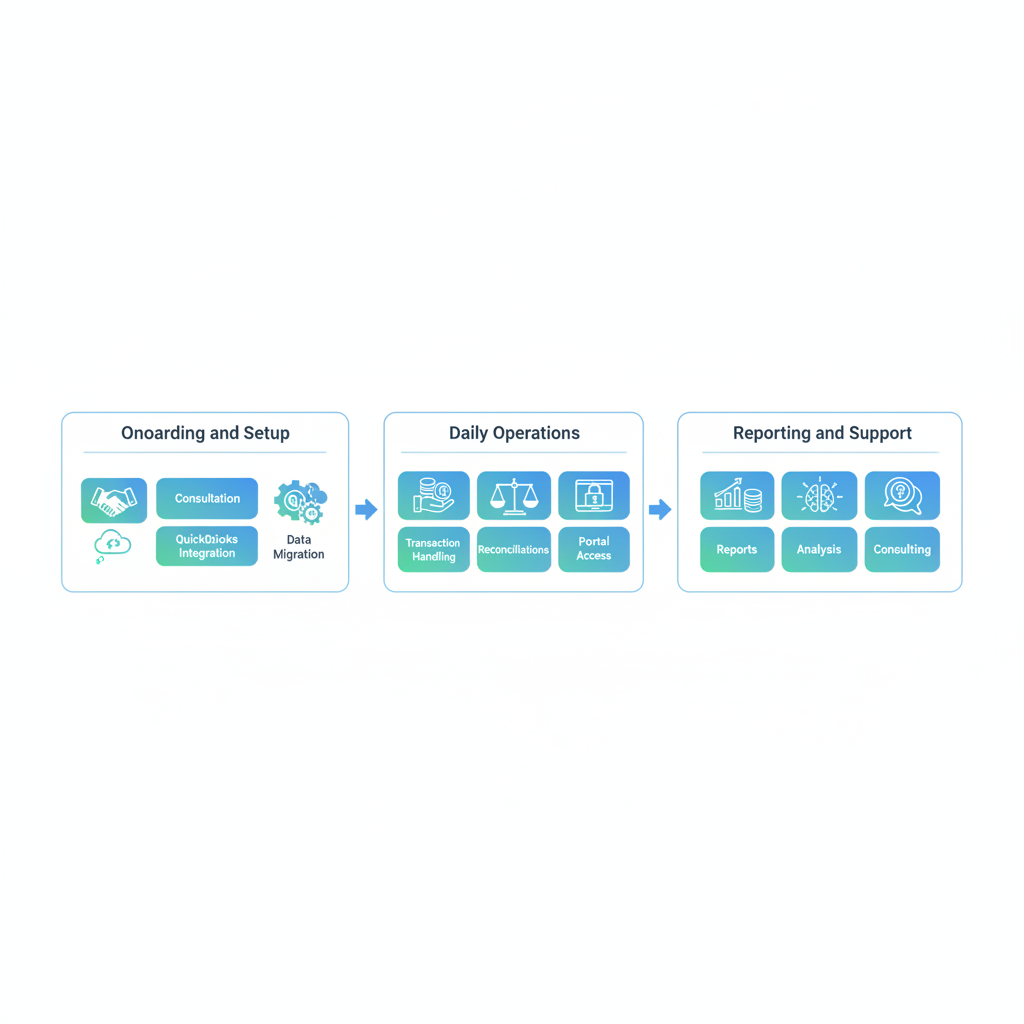 Horizontal process flow diagram illustrating onboarding, daily operations, and reporting stages in cloud bookkeeping services