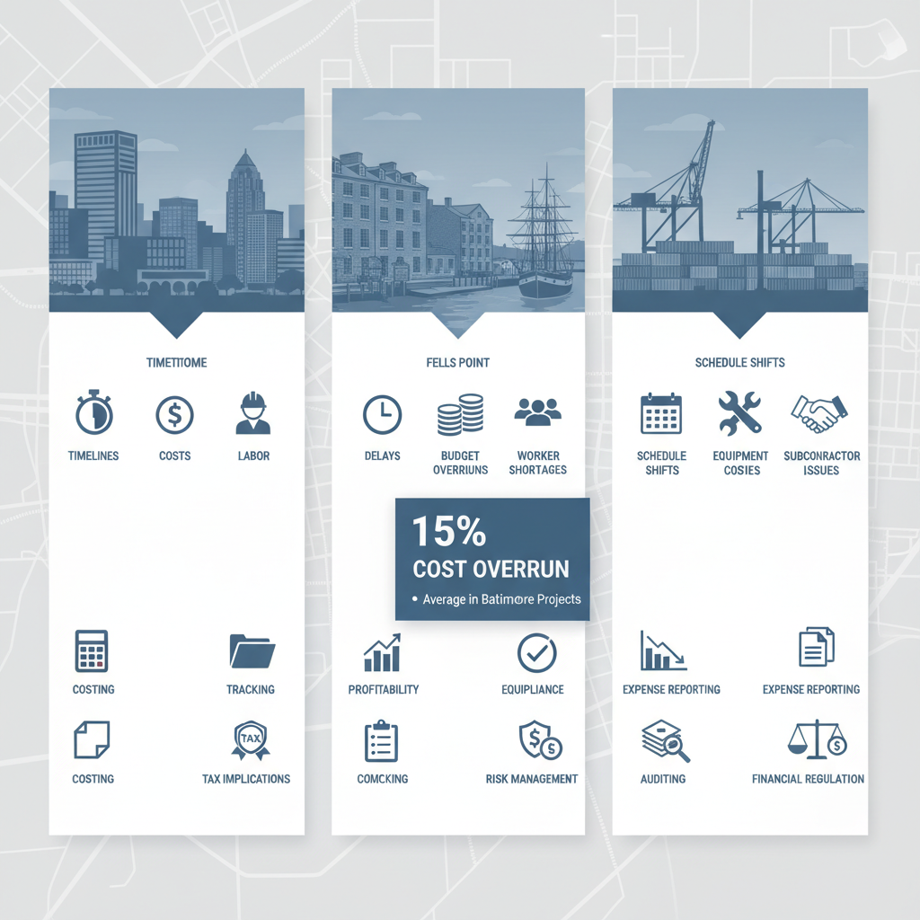 Infographic comparing key financial metrics and challenges across Baltimore construction neighborhoods: Downtown, Fells Point, and Canton