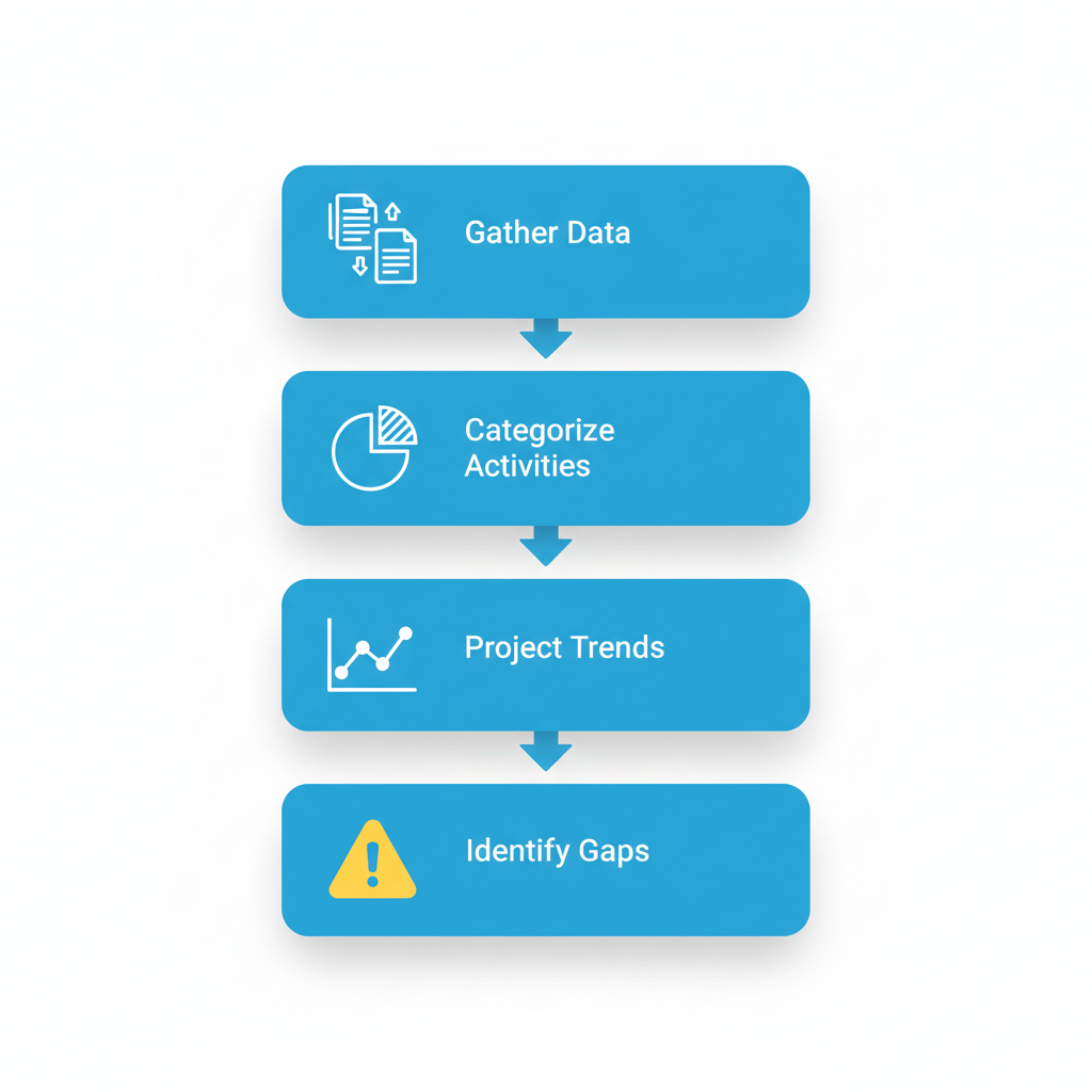 Vertical process flow diagram illustrating four steps of cash flow analysis for small businesses: gathering data, categorizing activities, projecting trends, and identifying liquidity risks.