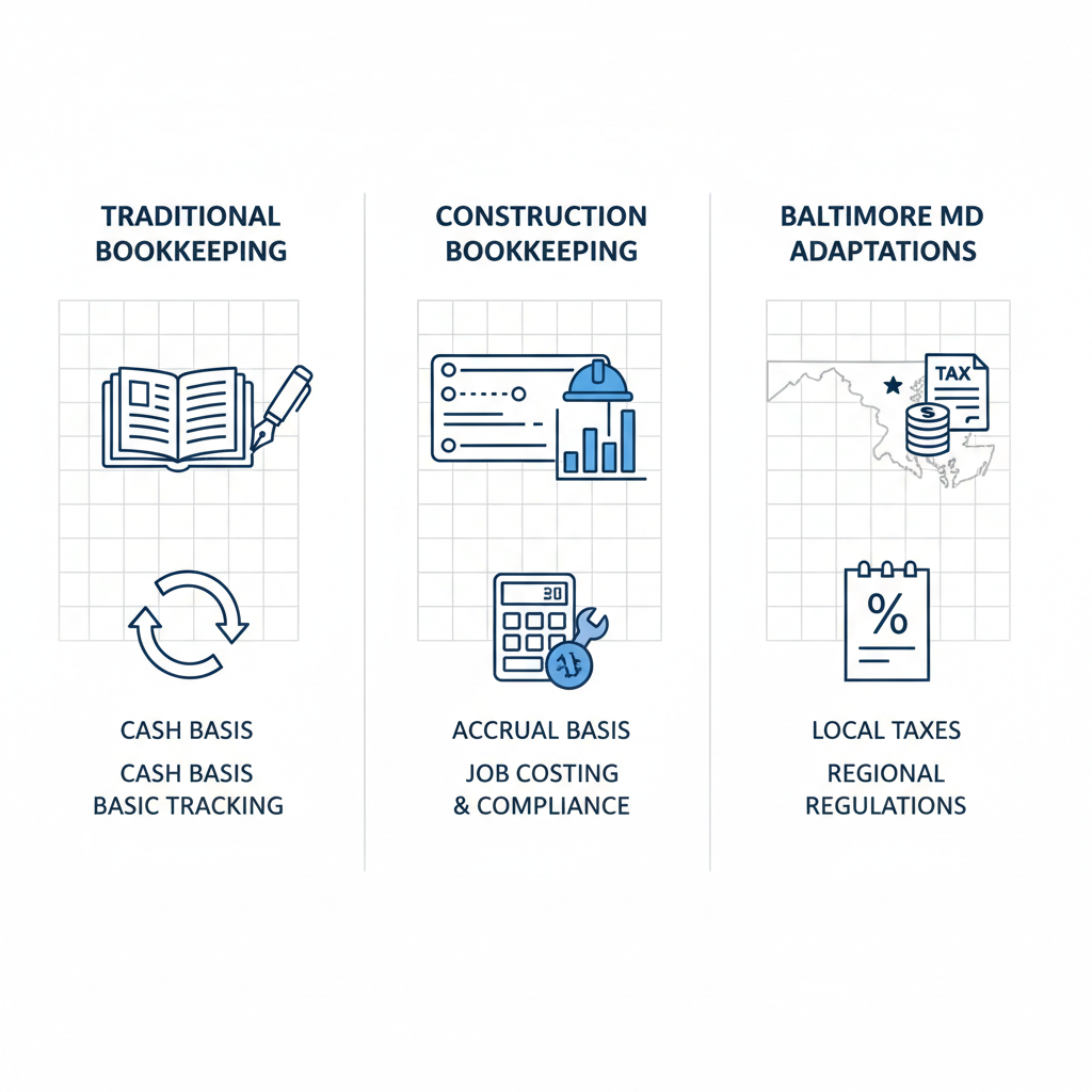 Infographic illustrating differences between traditional bookkeeping and construction-specific methods in Baltimore