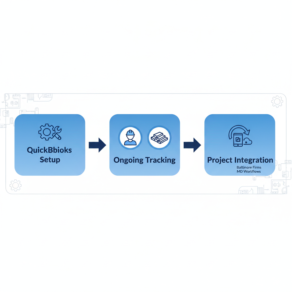 Horizontal process flow diagram illustrating three stages of implementing bookkeeping solutions for construction firms