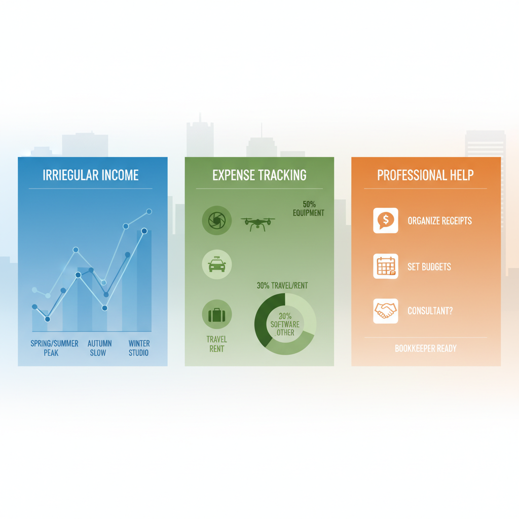 Infographic depicting bookkeeping challenges for photographers in Baltimore: irregular income graph, expense pie chart, and professional help checklist