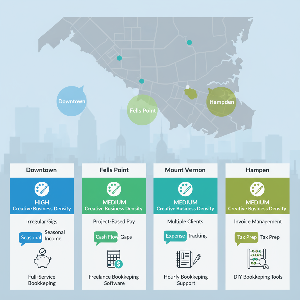 Infographic illustrating Baltimore's creative neighborhoods with business density, financial challenges, and bookkeeping suitability