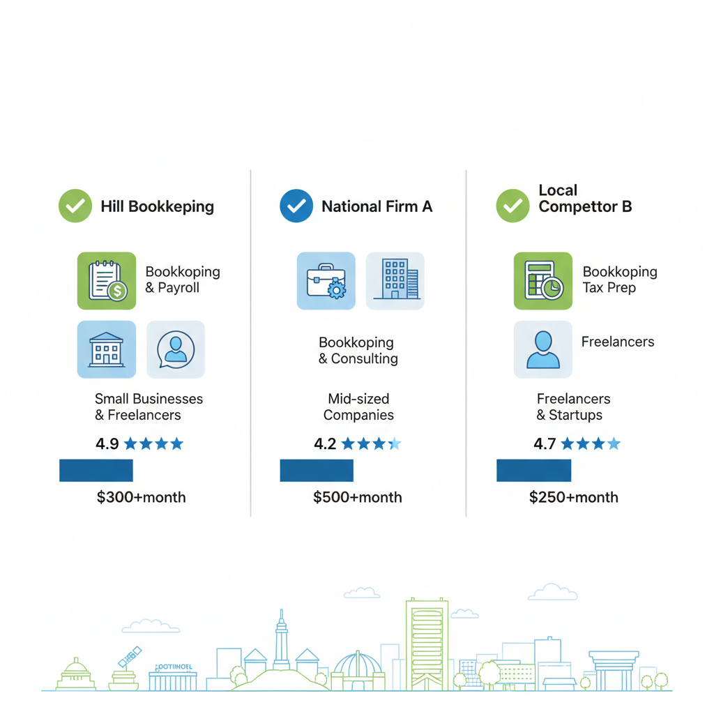 Infographic comparing key features of top bookkeeping providers in Baltimore including certifications, services, clients, pricing, ratings, and costs