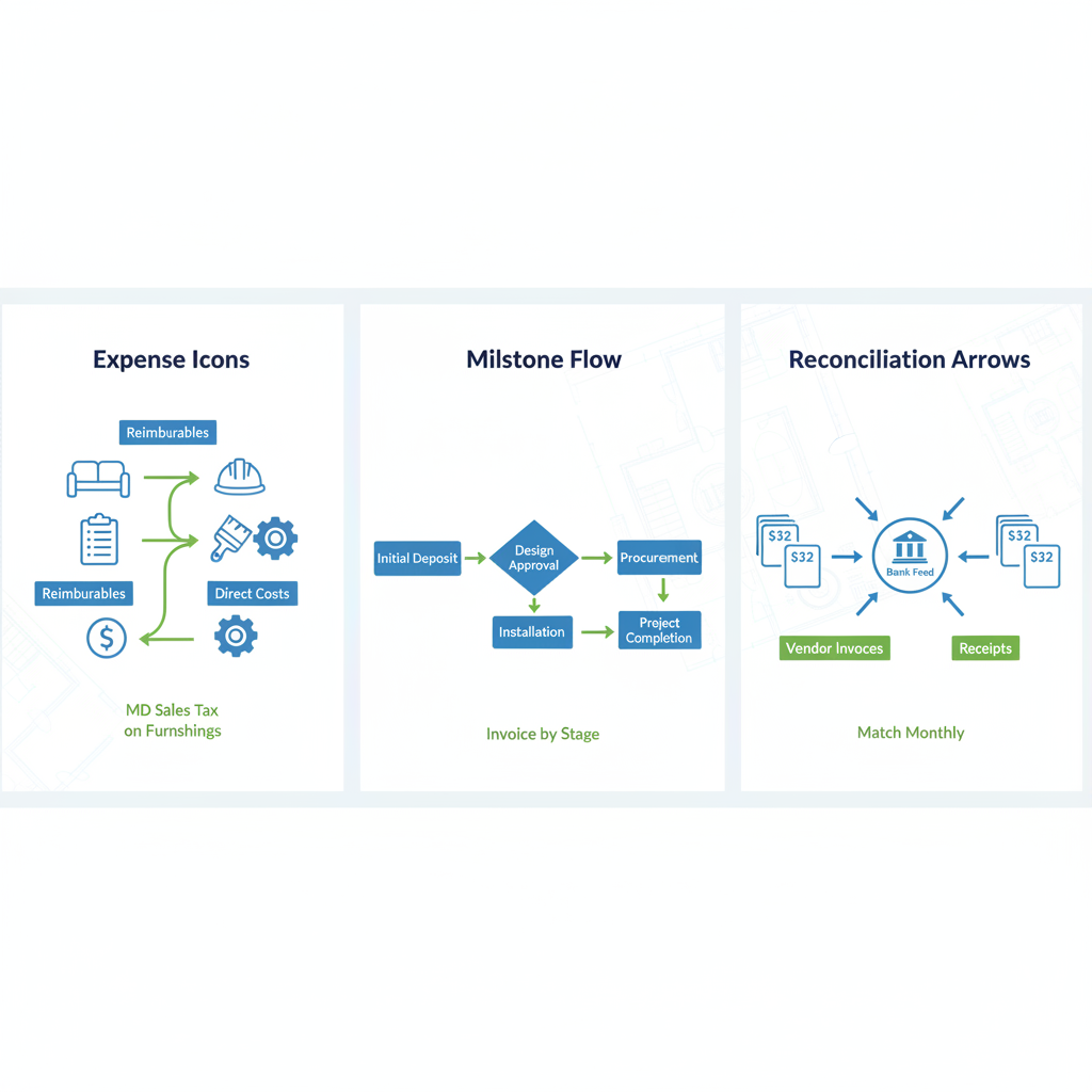 Infographic overview of bookkeeping fundamentals for interior designers including expense categorization, income recognition, and monthly reconciliation.
