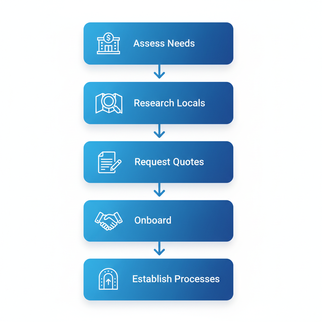 Vertical process flow illustrating the five key steps to hire a bookkeeper in Baltimore