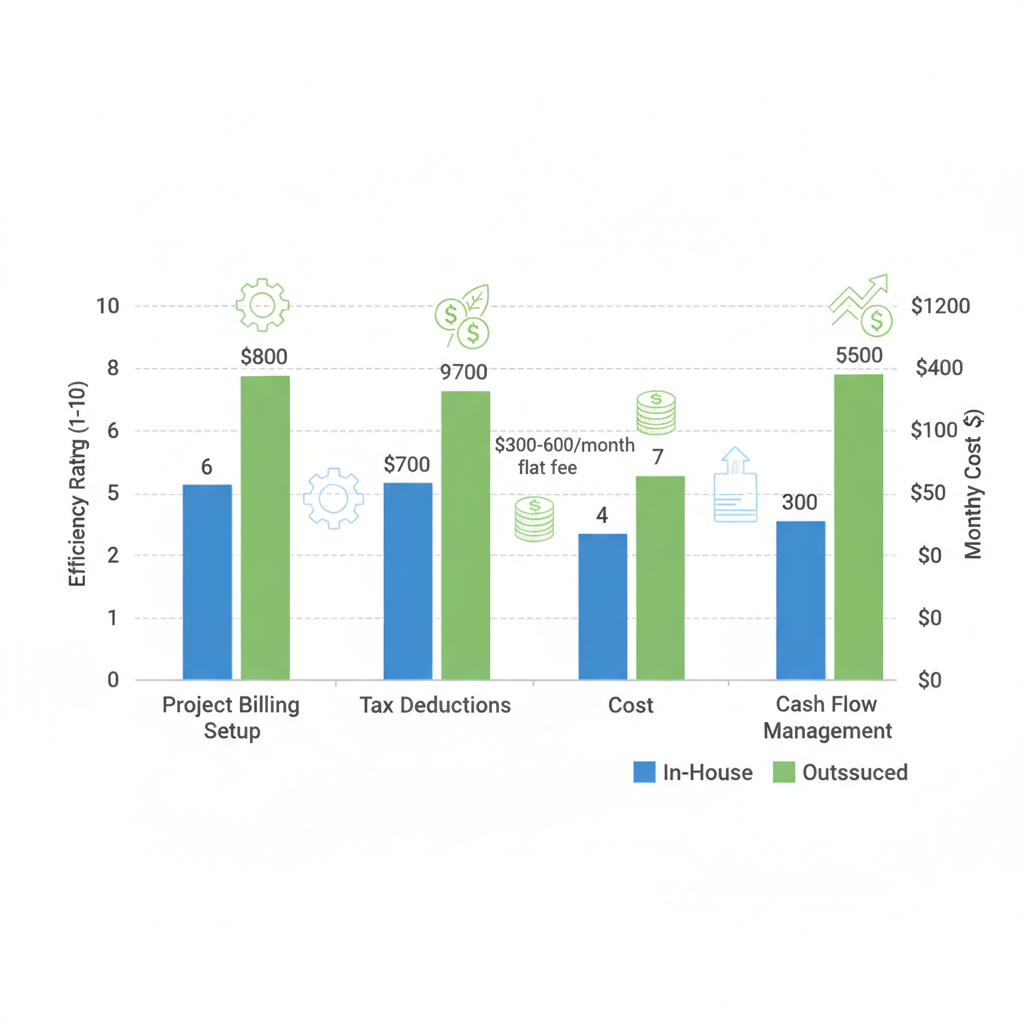 Bar chart comparing in-house and outsourced bookkeeping efficiency and costs for Baltimore interior designers