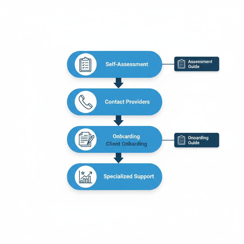 Vertical process flow diagram showing four key steps for starting bookkeeping services: self-assessment, contacting providers, onboarding, and specialized support.