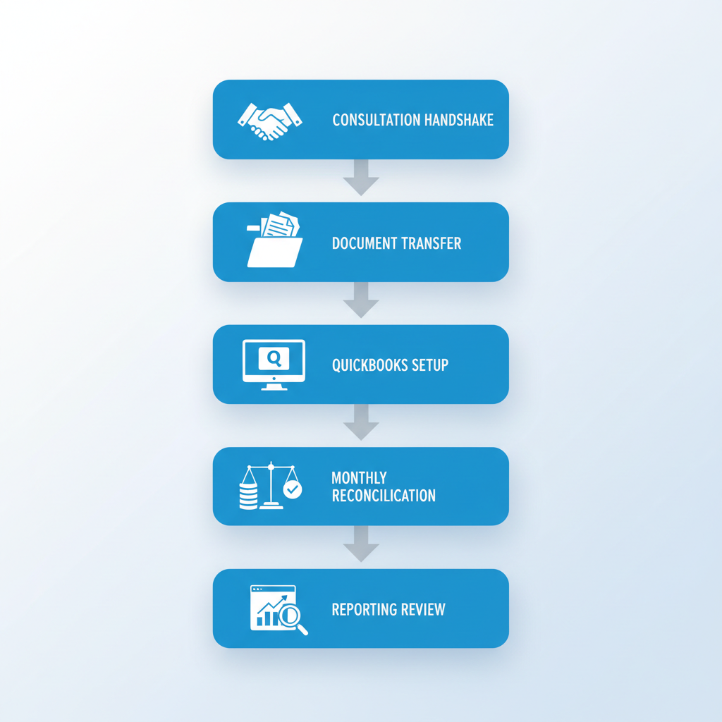 Vertical process flow diagram showing five steps of outsourced accounting onboarding: consultation, document transfer, QuickBooks setup, monthly reconciliations, and reporting review for small businesses.