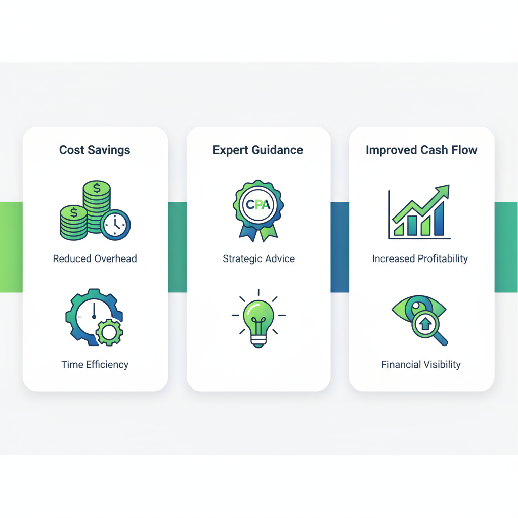 Infographic illustrating benefits of outsourced accounting including cost savings, expert guidance, and improved cash flow for small businesses