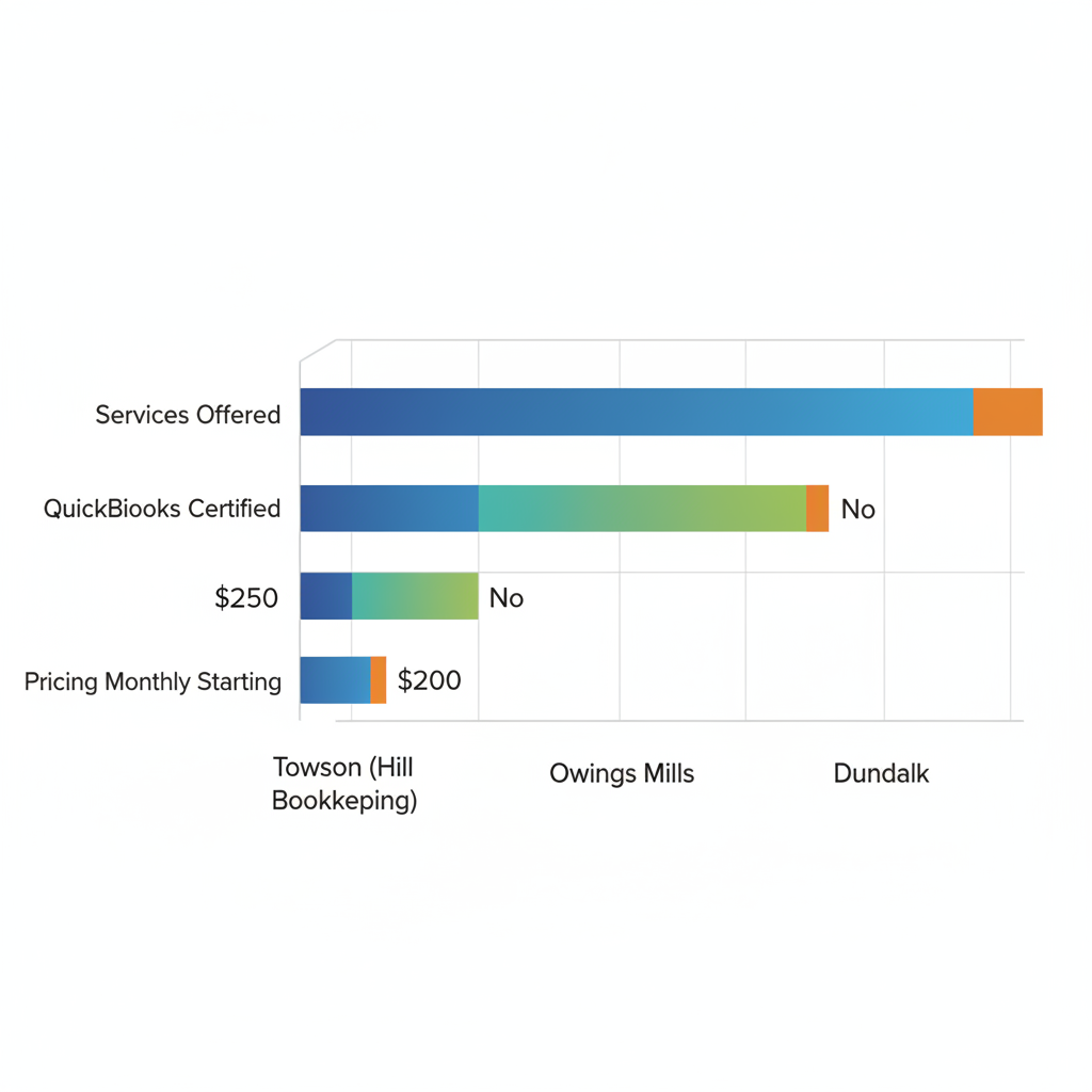 Horizontal bar chart comparing bookkeeping services across Towson, Owings Mills, and Dundalk.