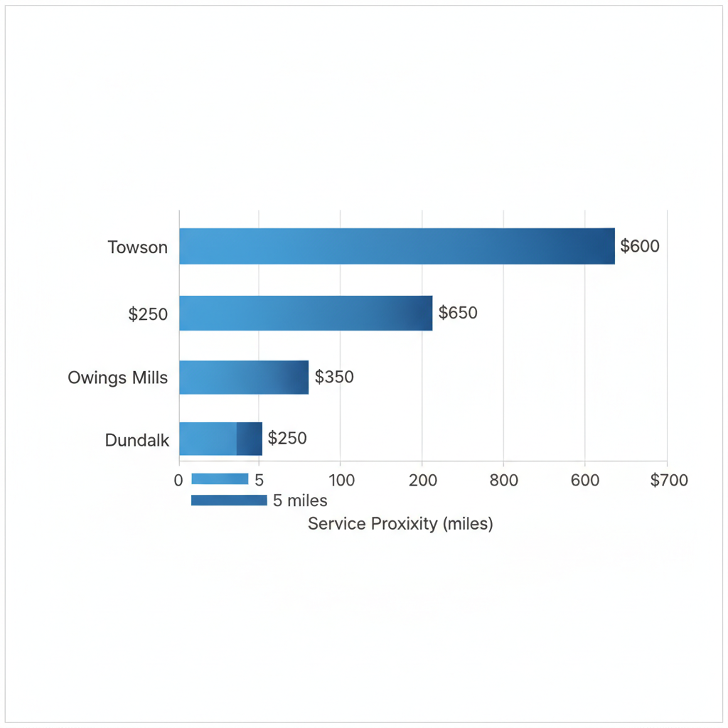 Horizontal bar chart comparing monthly bookkeeping costs and service proximity for retail stores in Towson, Owings Mills, and Dundalk, Baltimore County.
