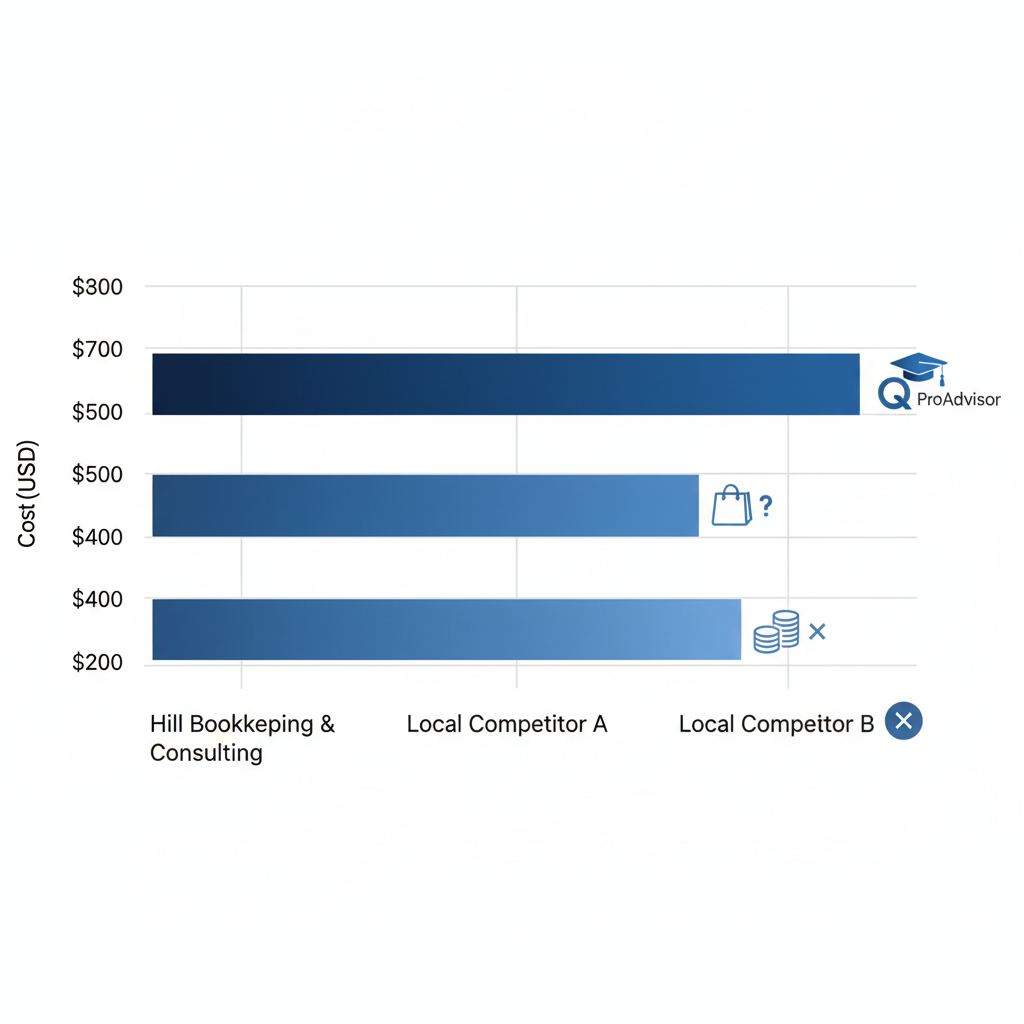 Horizontal bar chart comparing bookkeeping service costs for Towson MD retail boutiques, highlighting Hill Bookkeeping options.
