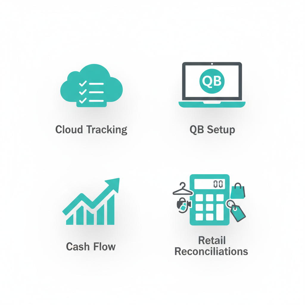 Grid of icons representing bookkeeping services including cloud tracking, QuickBooks setup, cash flow analysis, and retail reconciliations for Towson boutiques.