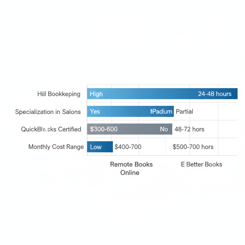 Horizontal bar chart comparing key features of bookkeeping providers for Towson salons: specialization, QuickBooks certification, monthly costs, and response times.