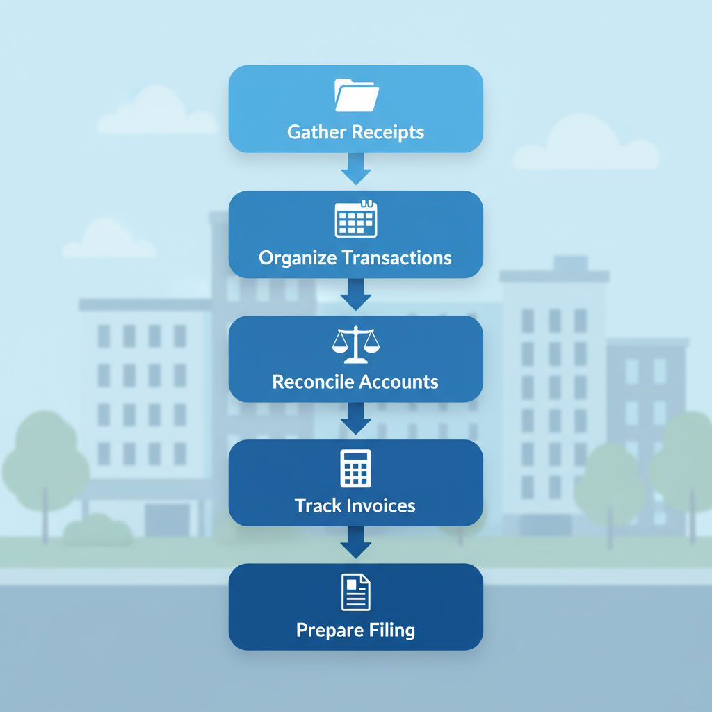 Vertical process flow diagram illustrating five steps for handling back taxes and reconciliations: gathering receipts, organizing transactions, reconciling accounts, tracking invoices, and preparing for IRS filing.