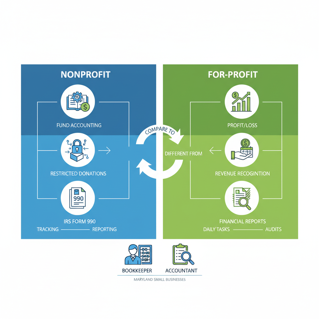 Infographic comparing nonprofit and for-profit bookkeeping differences with icons and panels in blue and green tones.