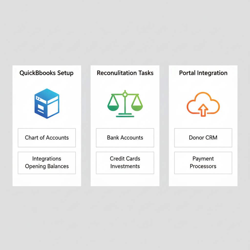 Vertical process flow diagram showing three key steps in nonprofit bookkeeping services: QuickBooks setup, reconciliation tasks, and client portal integration.
