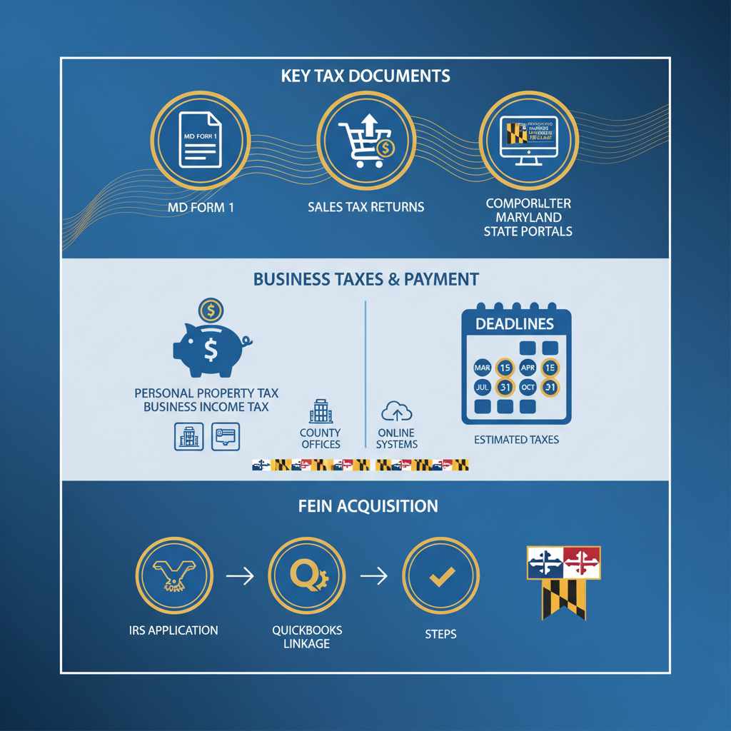 Infographic illustrating Maryland tax documents, business taxes payment options, and FEIN acquisition process for small businesses