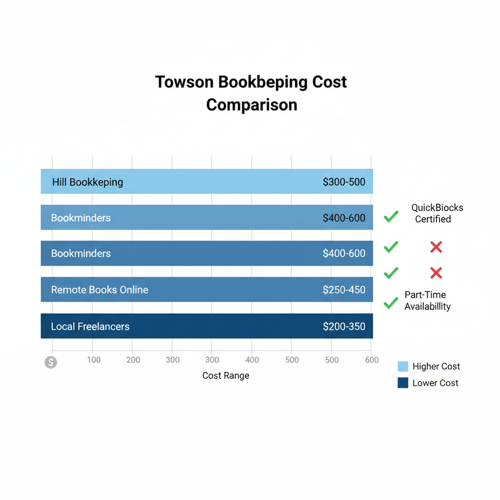 Horizontal bar chart comparing monthly costs, QuickBooks certification, and part-time availability of Towson bookkeeping providers