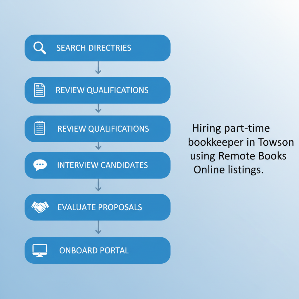 Vertical process flow diagram illustrating five steps to hire a part-time bookkeeper locally in Towson, Maryland, with icons and minimal labels for accessibility.
