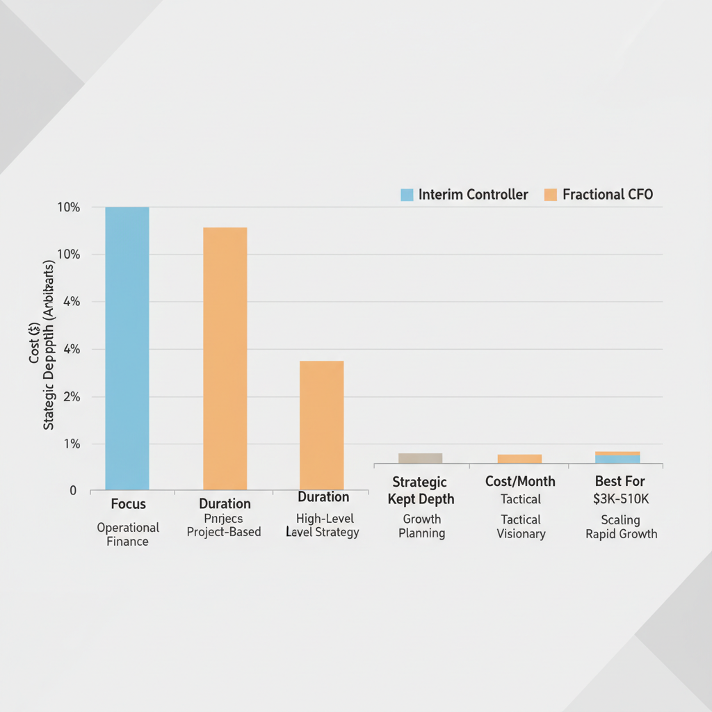 Side-by-side bar chart comparing interim controller and fractional CFO services for small businesses