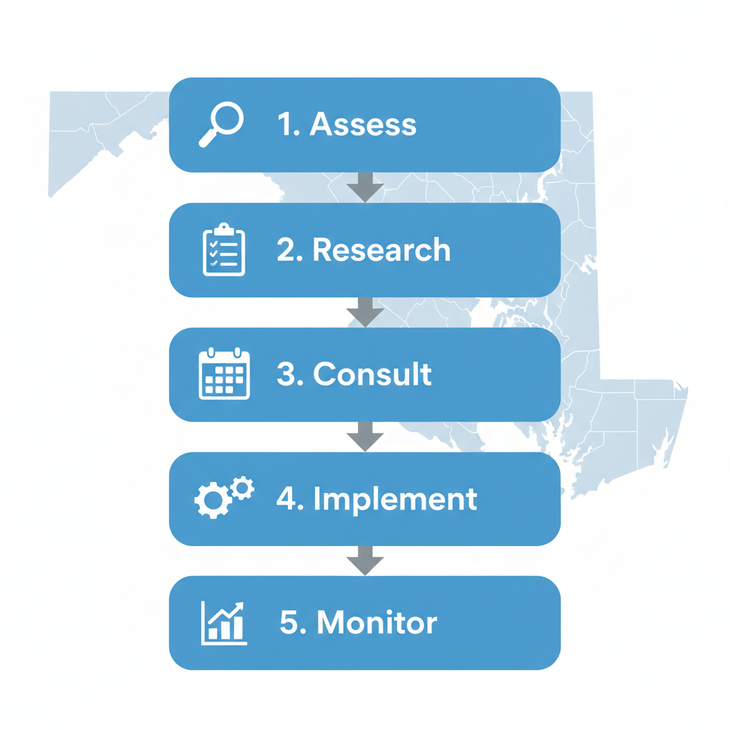 Vertical process flow diagram illustrating five steps to implement job costing bookkeeping in Columbia, Maryland