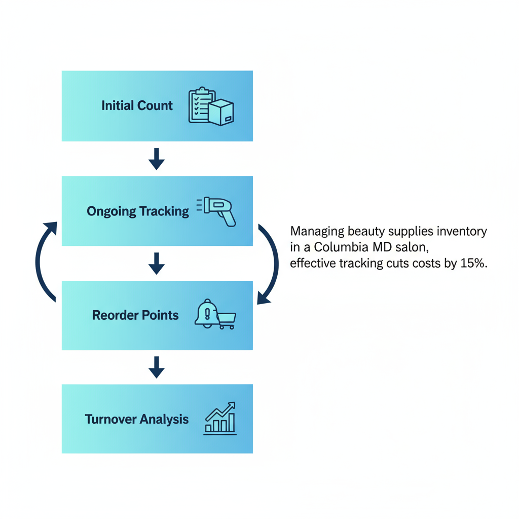 Vertical process flow diagram showing four steps for managing beauty supplies inventory in a Columbia MD salon using QuickBooks