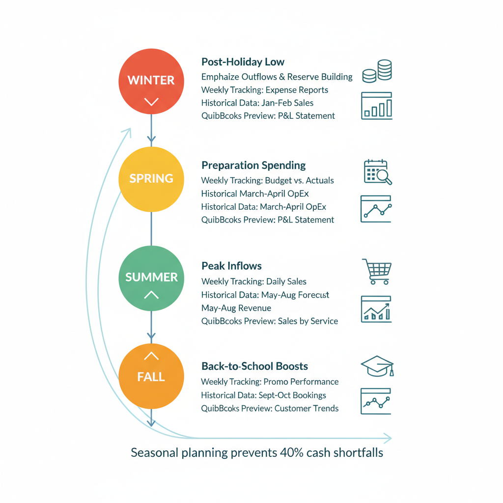 Vertical timeline of seasonal cash flow monitoring for salons in Columbia, Maryland, with markers for winter, spring, summer, and fall
