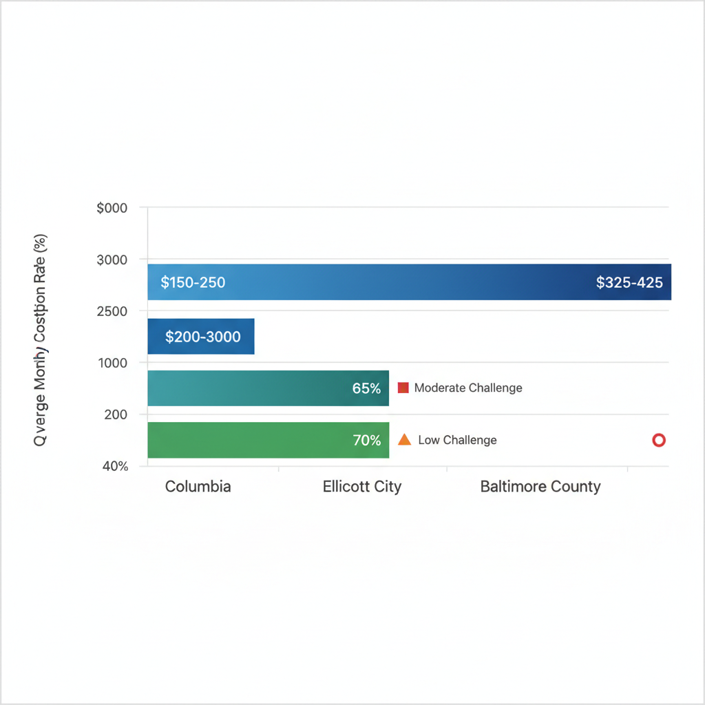 Horizontal bar chart comparing average monthly bookkeeping costs, QuickBooks adoption rates, and challenges in Columbia, Ellicott City, and Baltimore County, Maryland.