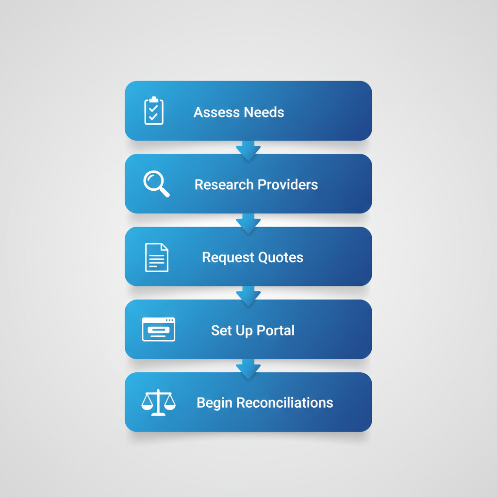 Vertical process flow diagram illustrating five steps to start local bookkeeping services with icons and brief labels.