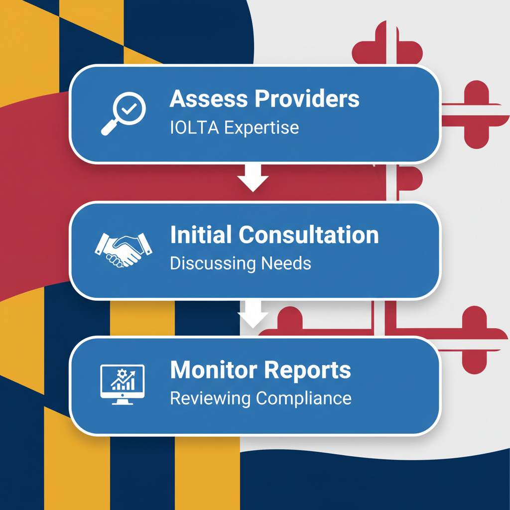 Vertical process flow diagram showing four steps to secure bookkeeping support: assess providers, initial consultation, onboard QuickBooks, and monitor reports.
