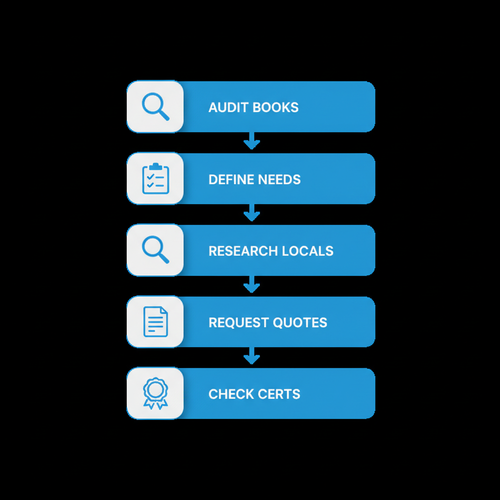 Vertical process flow diagram illustrating five steps to select a bookkeeping partner: audit current books, define needs, research locals, request quotes, and check certifications
