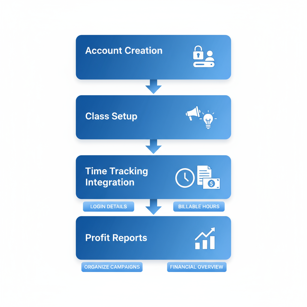 Vertical process flow illustrating QuickBooks setup for marketing agency finances