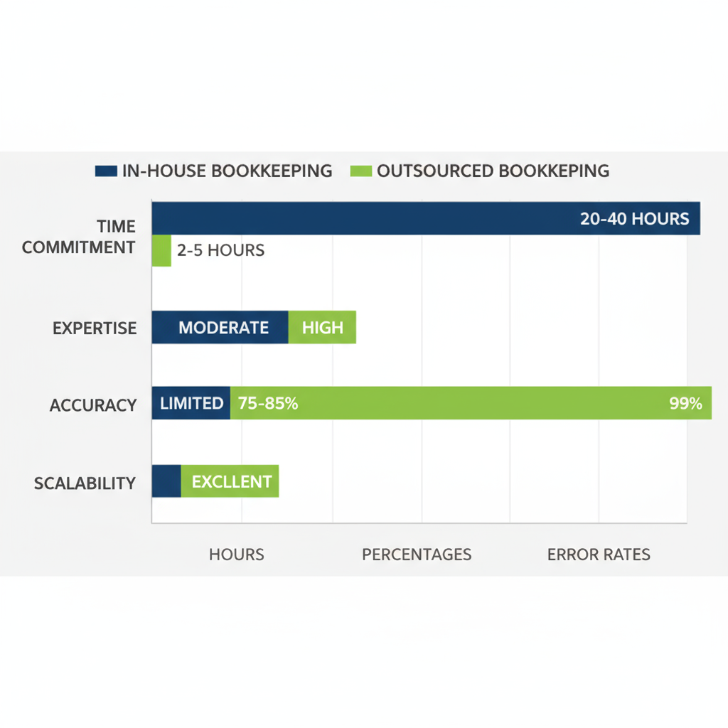 Horizontal bar chart comparing in-house and outsourced bookkeeping aspects like time, expertise, accuracy, and scalability for marketing agencies