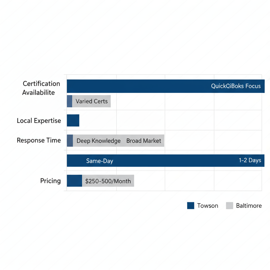 Horizontal bar chart comparing bookkeeping services in Towson versus Baltimore across key aspects like certification, expertise, response time, and pricing