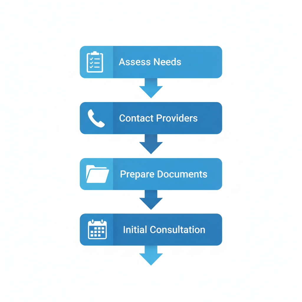 Vertical process flow diagram showing five steps to start bookkeeping services in Cockeysville with icons and brief labels