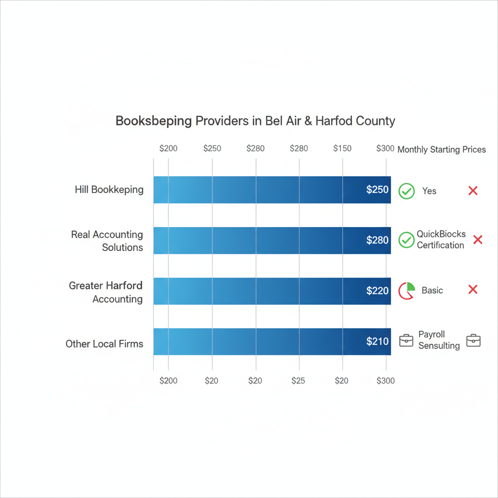 Horizontal bar chart comparing prices and services of local bookkeeping providers in Bel Air and Harford County