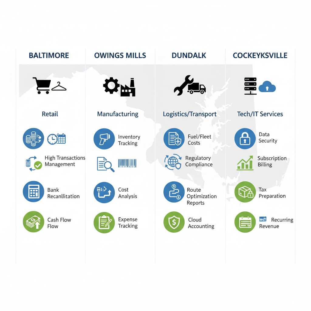 Infographic comparing bookkeeping challenges and needs in Maryland areas: Baltimore, Owings Mills, Dundalk, Cockeysville