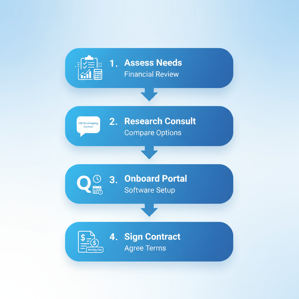 Vertical process flow diagram showing four steps to hire virtual bookkeeping services for small businesses