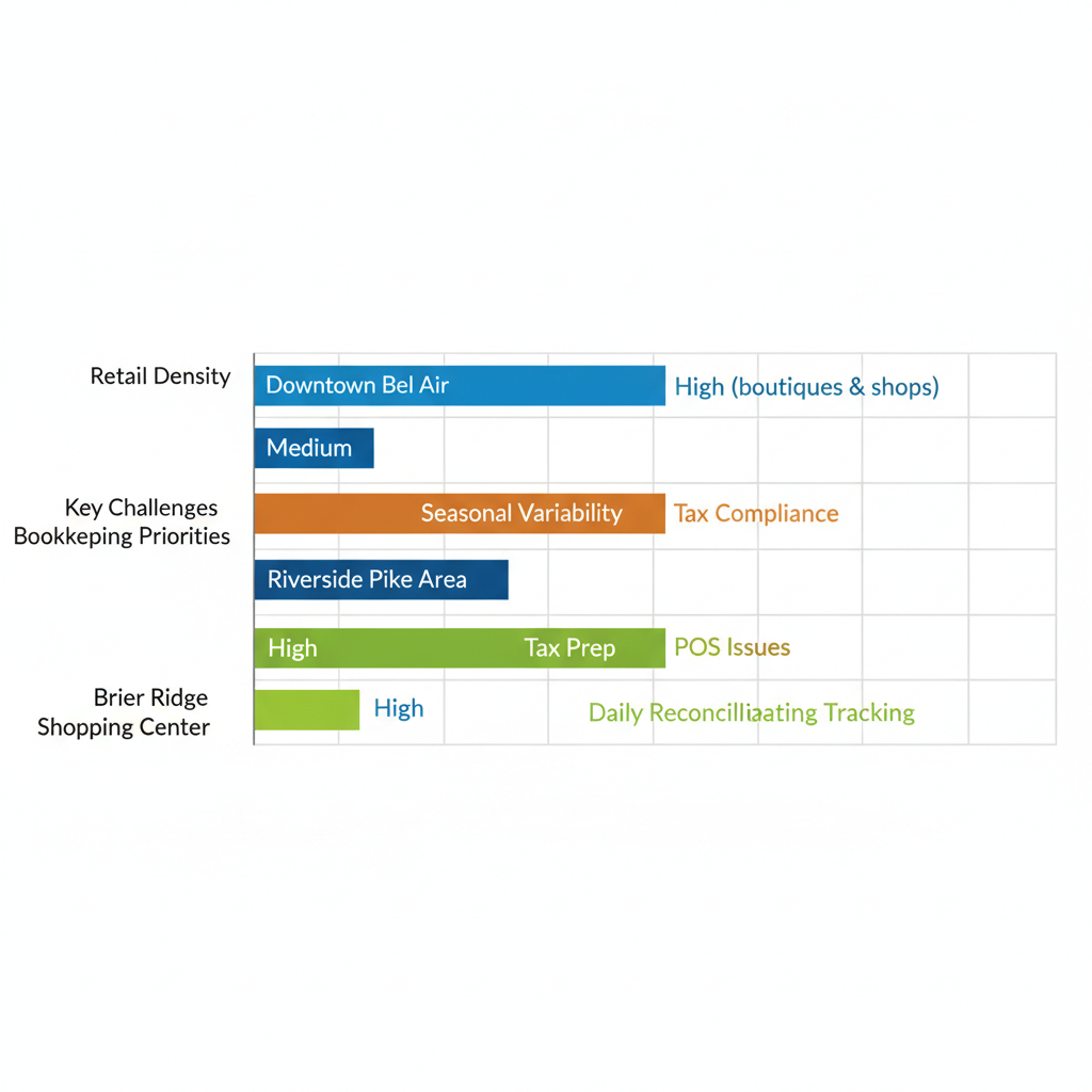 Horizontal bar chart comparing Bel Air retail areas for bookkeeping challenges and priorities