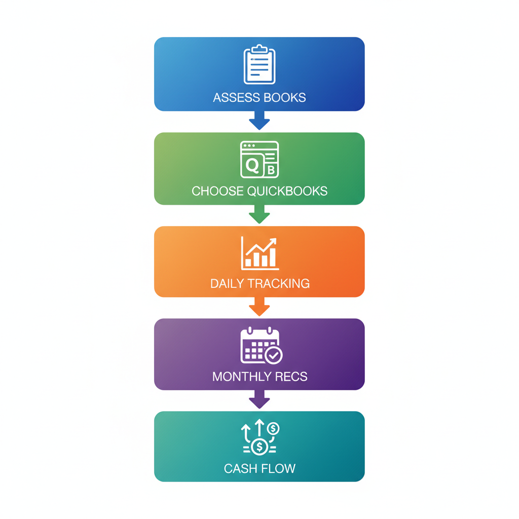 Vertical process flow diagram illustrating five steps for implementing effective bookkeeping in a boutique business