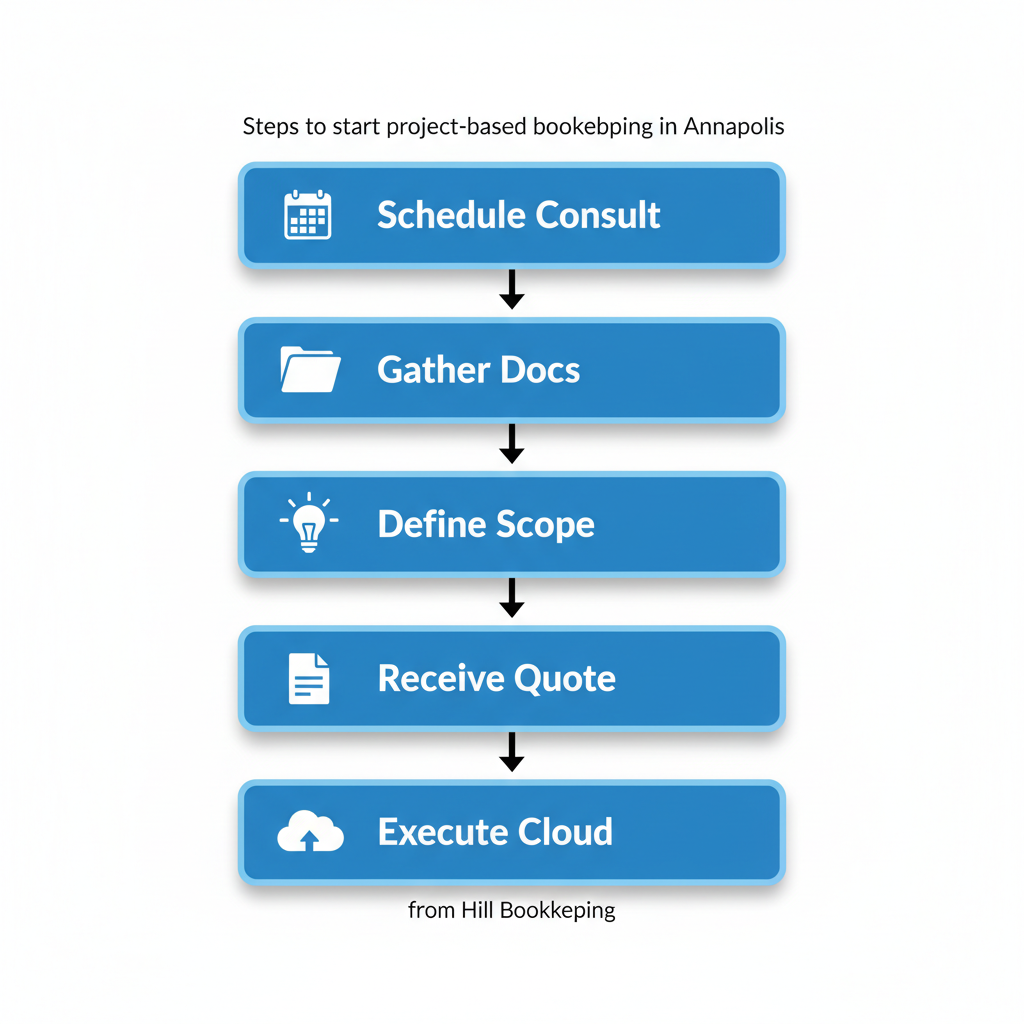 Vertical process flow diagram illustrating five steps to launch project-based bookkeeping in Annapolis, with icons and minimal labels for each stage.