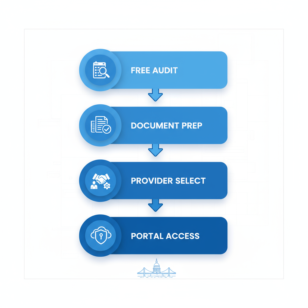 Vertical process flow diagram illustrating four steps to start bookkeeping reconciliation in Annapolis