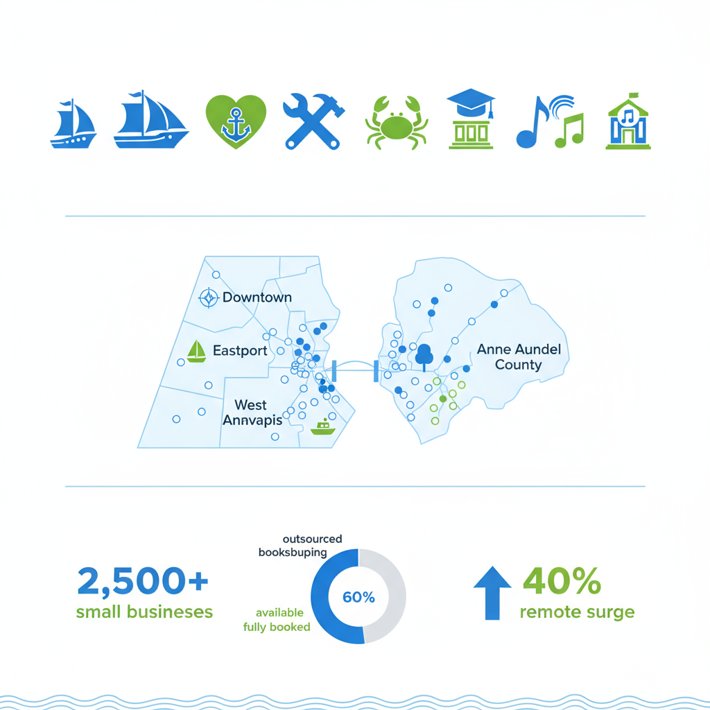 Infographic showing Annapolis business sectors, neighborhood map, and key bookkeeping statistics