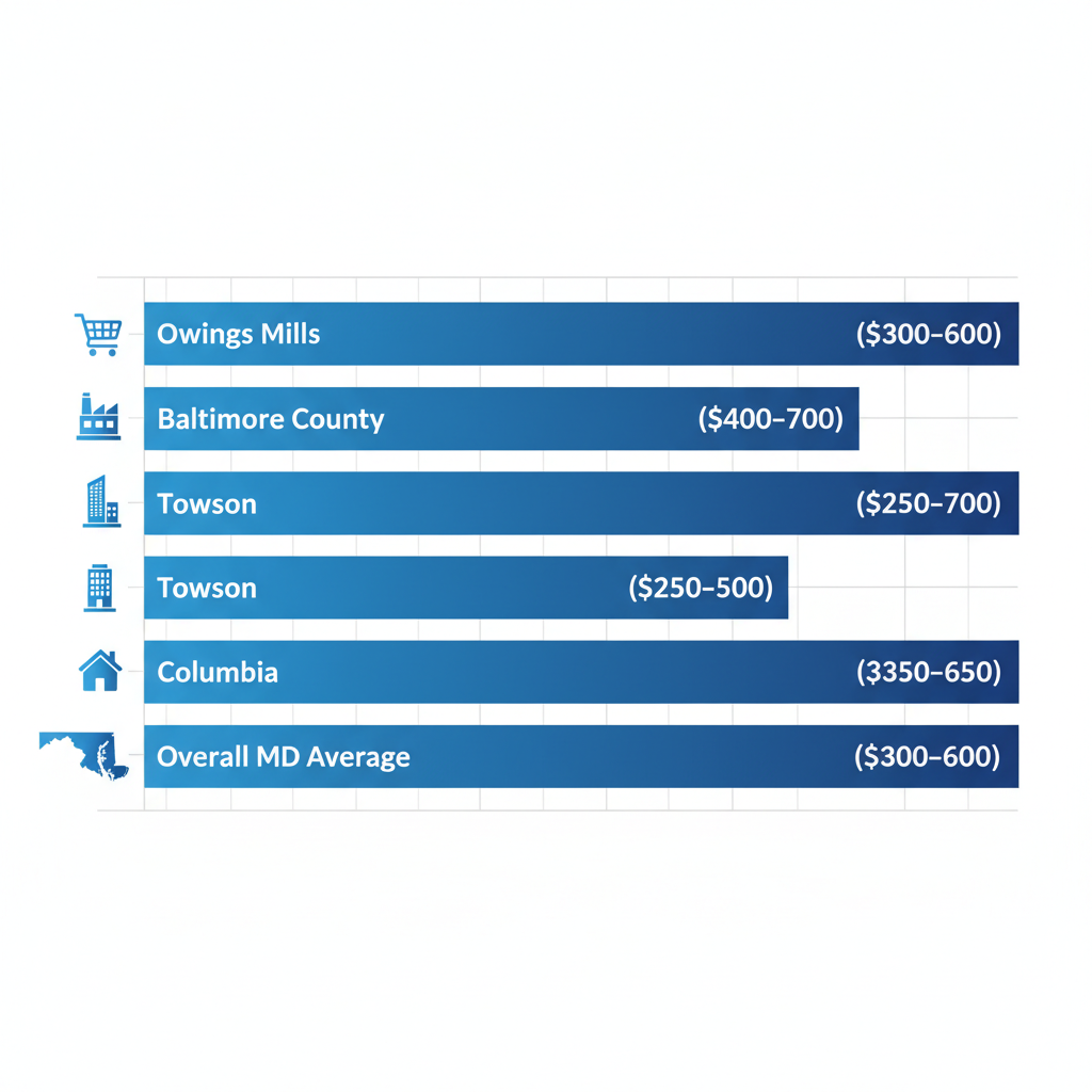 Horizontal bar chart comparing average monthly bookkeeping costs in Owings Mills and surrounding Maryland areas